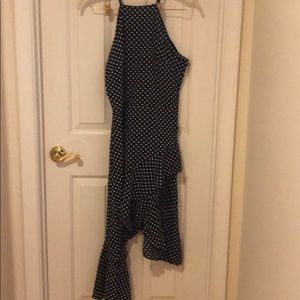 Asymmetrical polka dots halter dress w/ open back